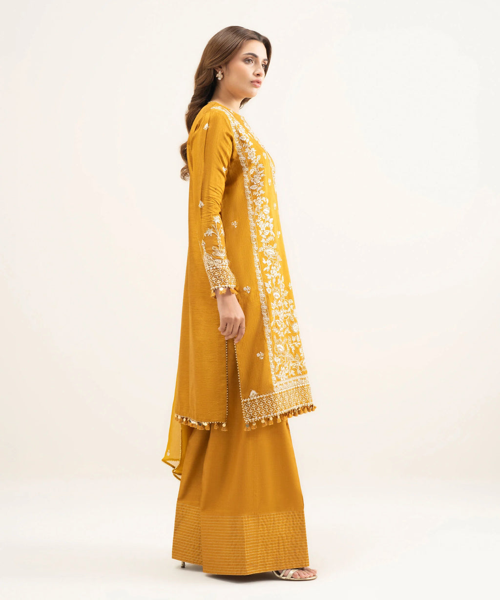 3 Piece - Embroidered Raw Silk Suit