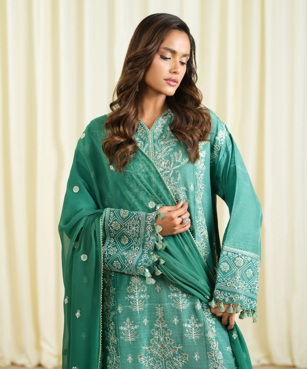 3 Piece - Embroidered Raw Silk Suit