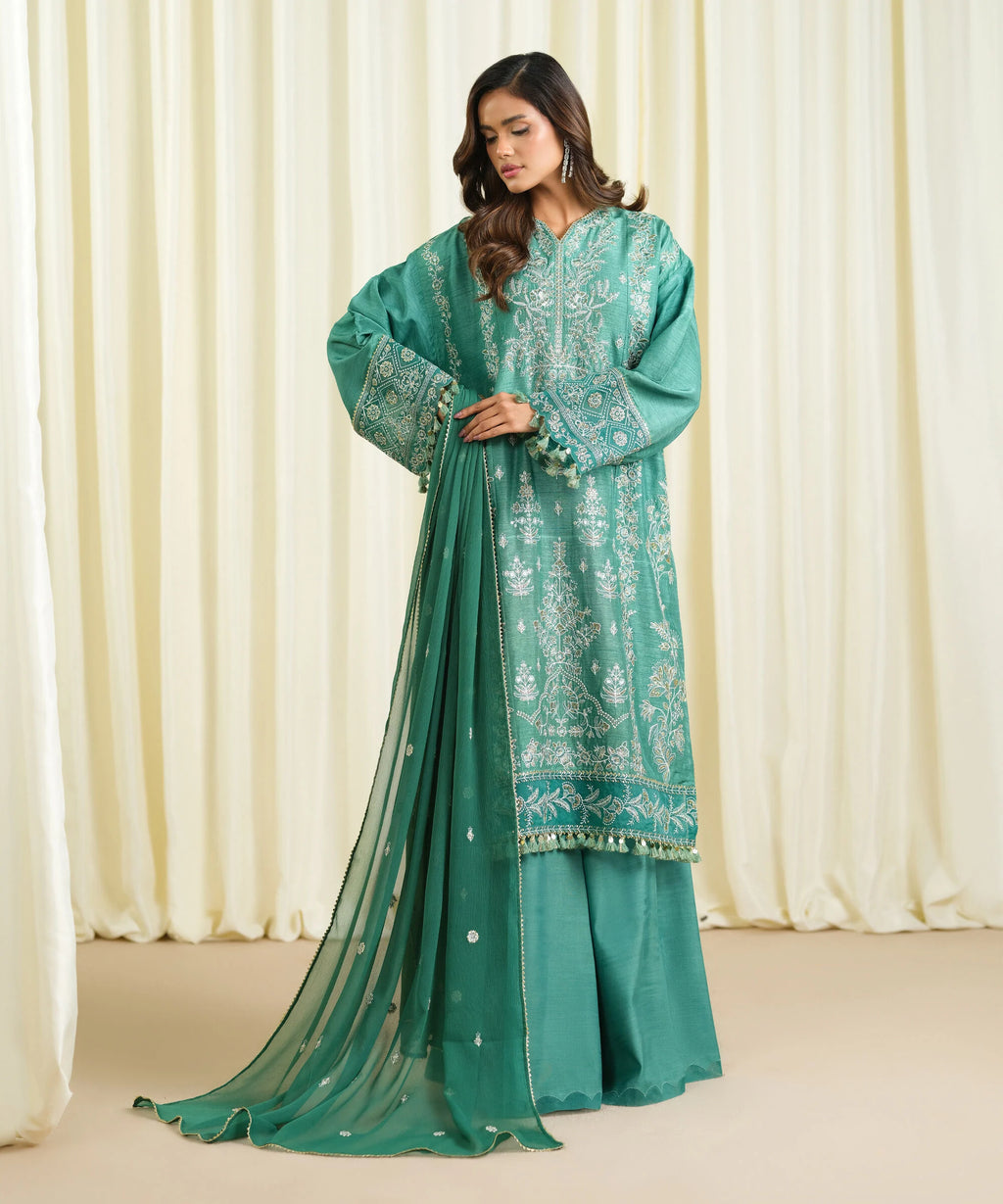 3 Piece - Embroidered Raw Silk Suit