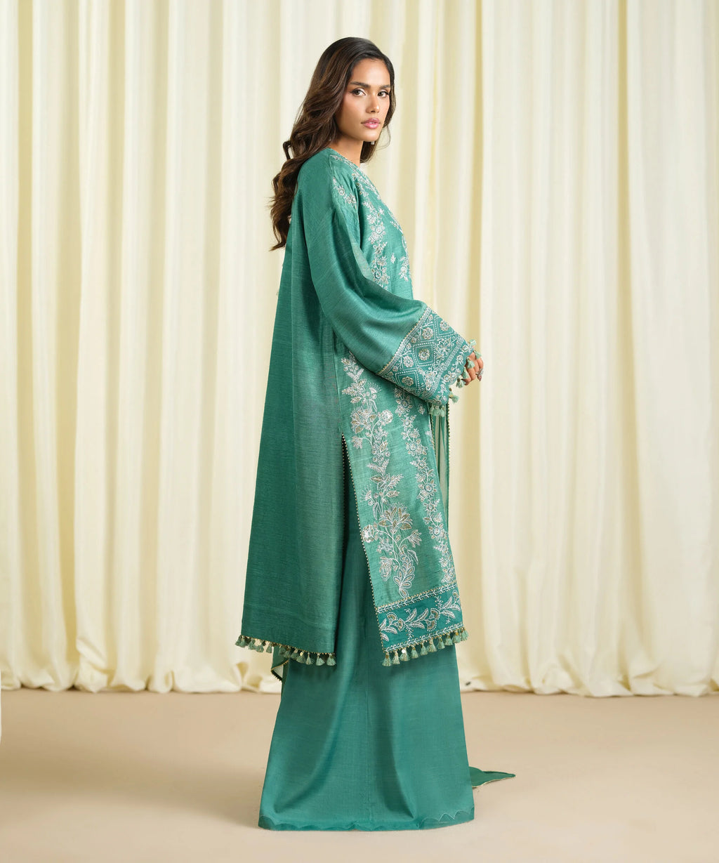 3 Piece - Embroidered Raw Silk Suit