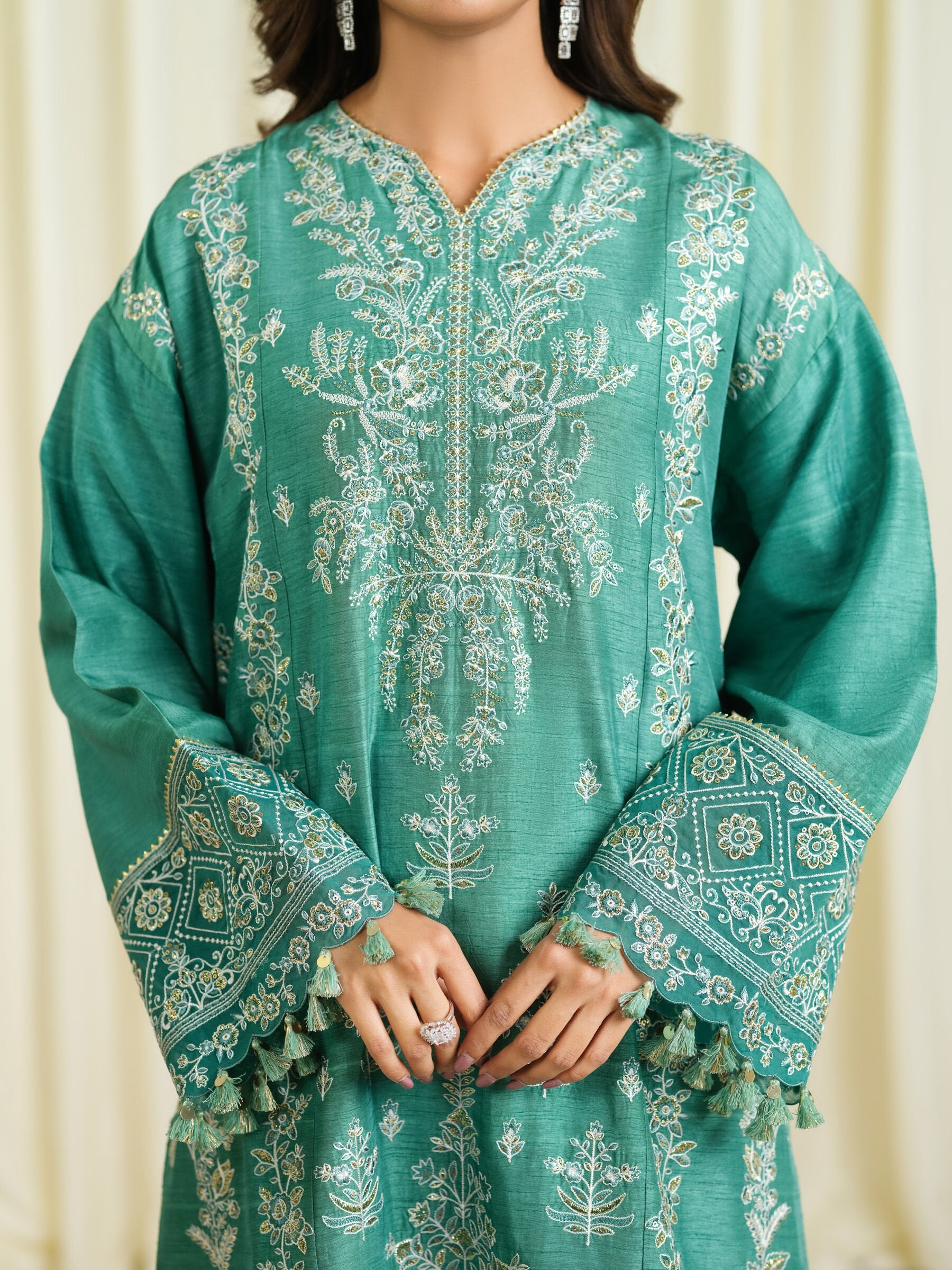 3 Piece - Embroidered Raw Silk Suit
