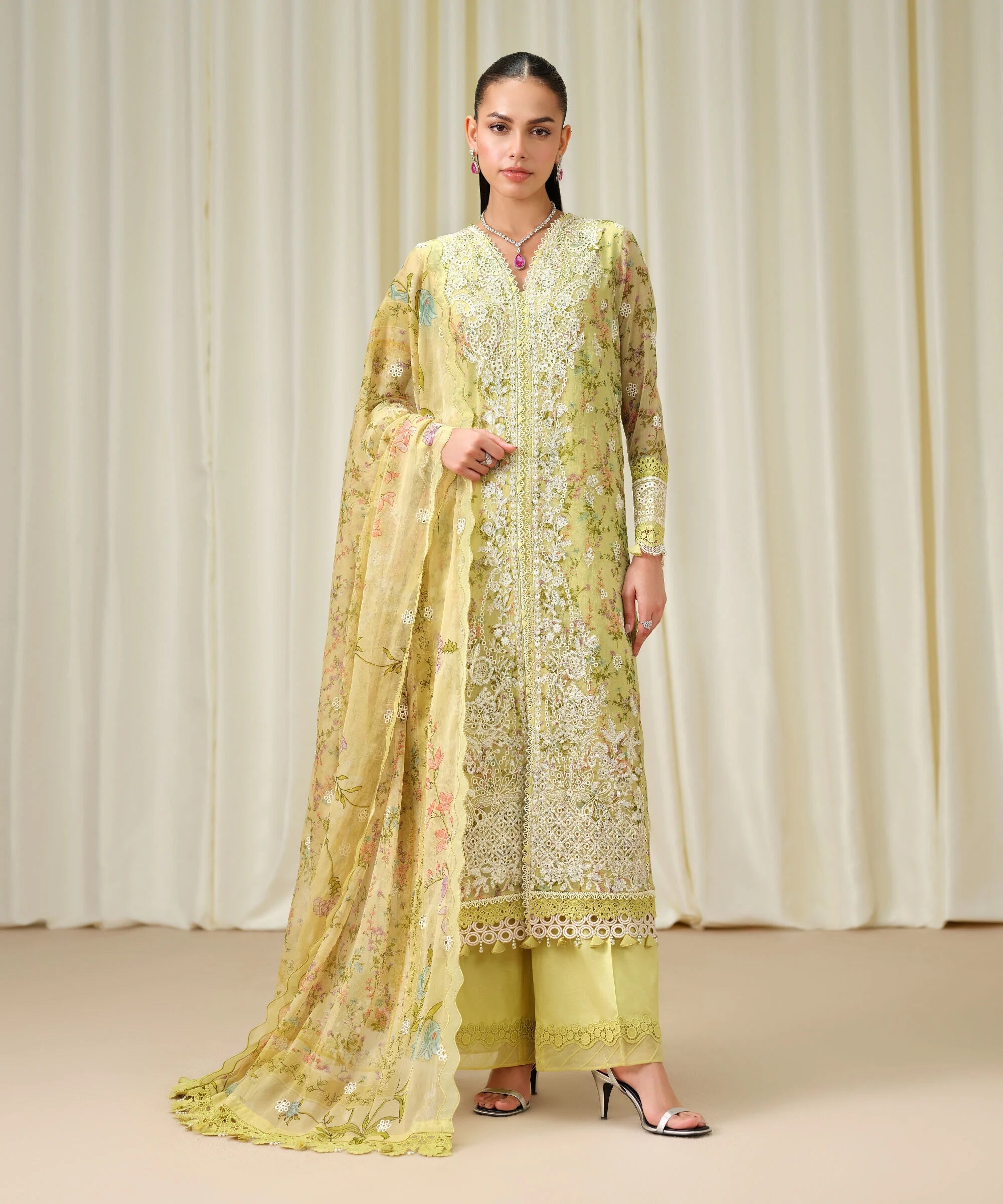 3 Piece - Embroidered Chiffon Suit