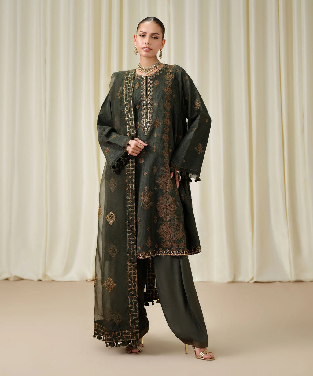 3 Piece - Embroidered Raw Silk Suit