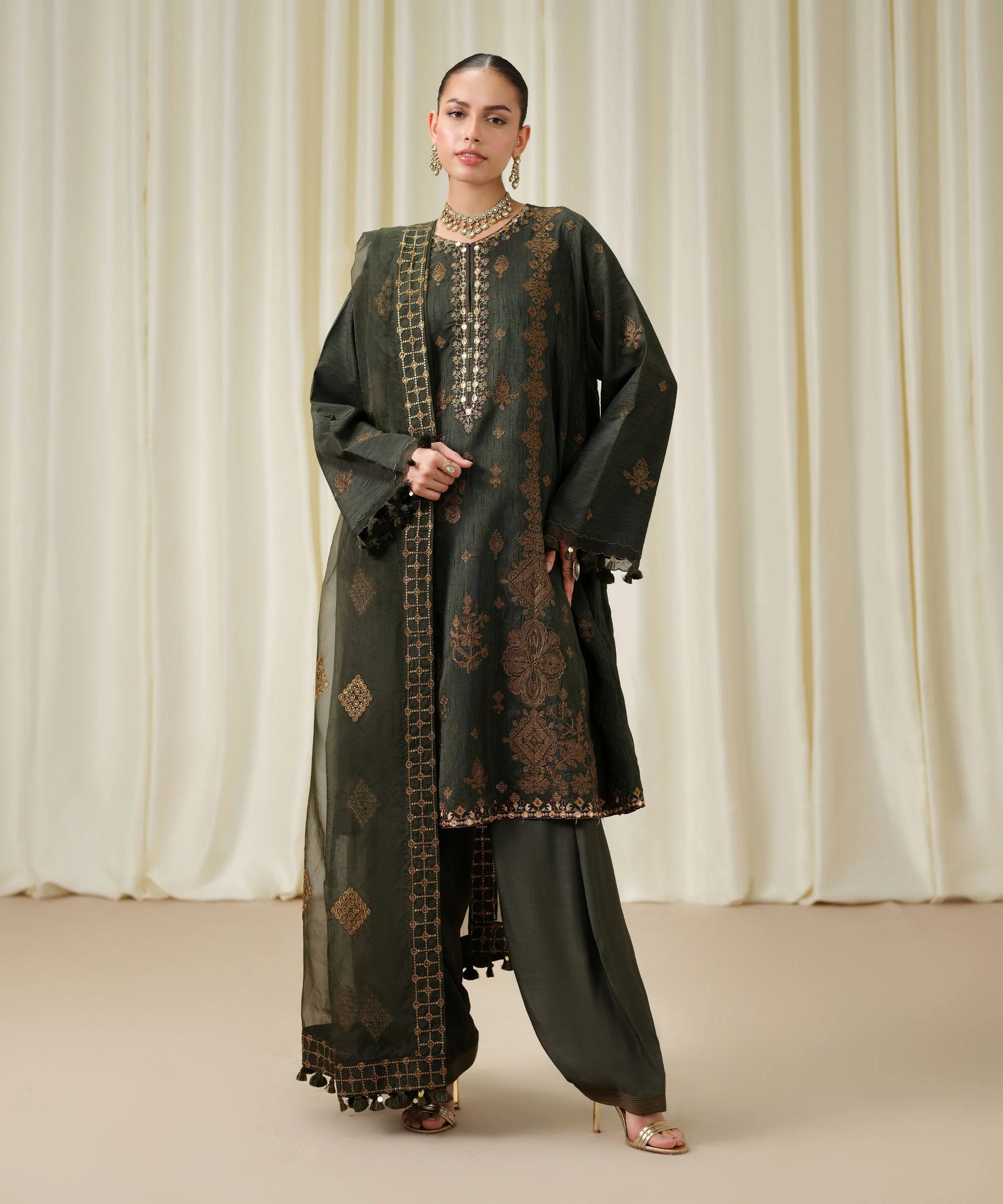 3 Piece - Embroidered Raw Silk Suit