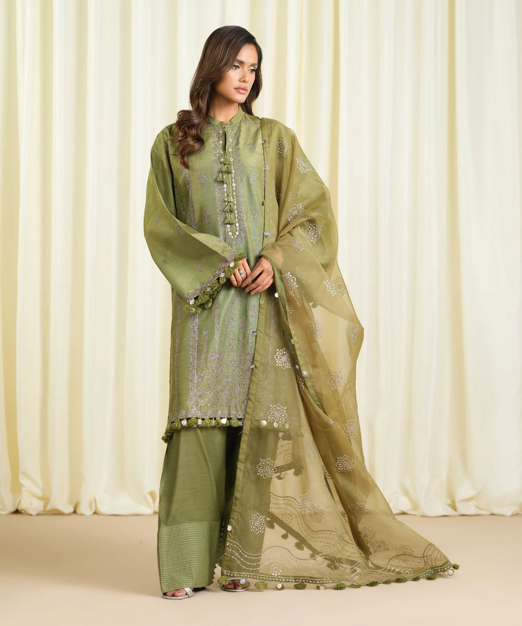 3 Piece - Embroidered Raw Silk Suit