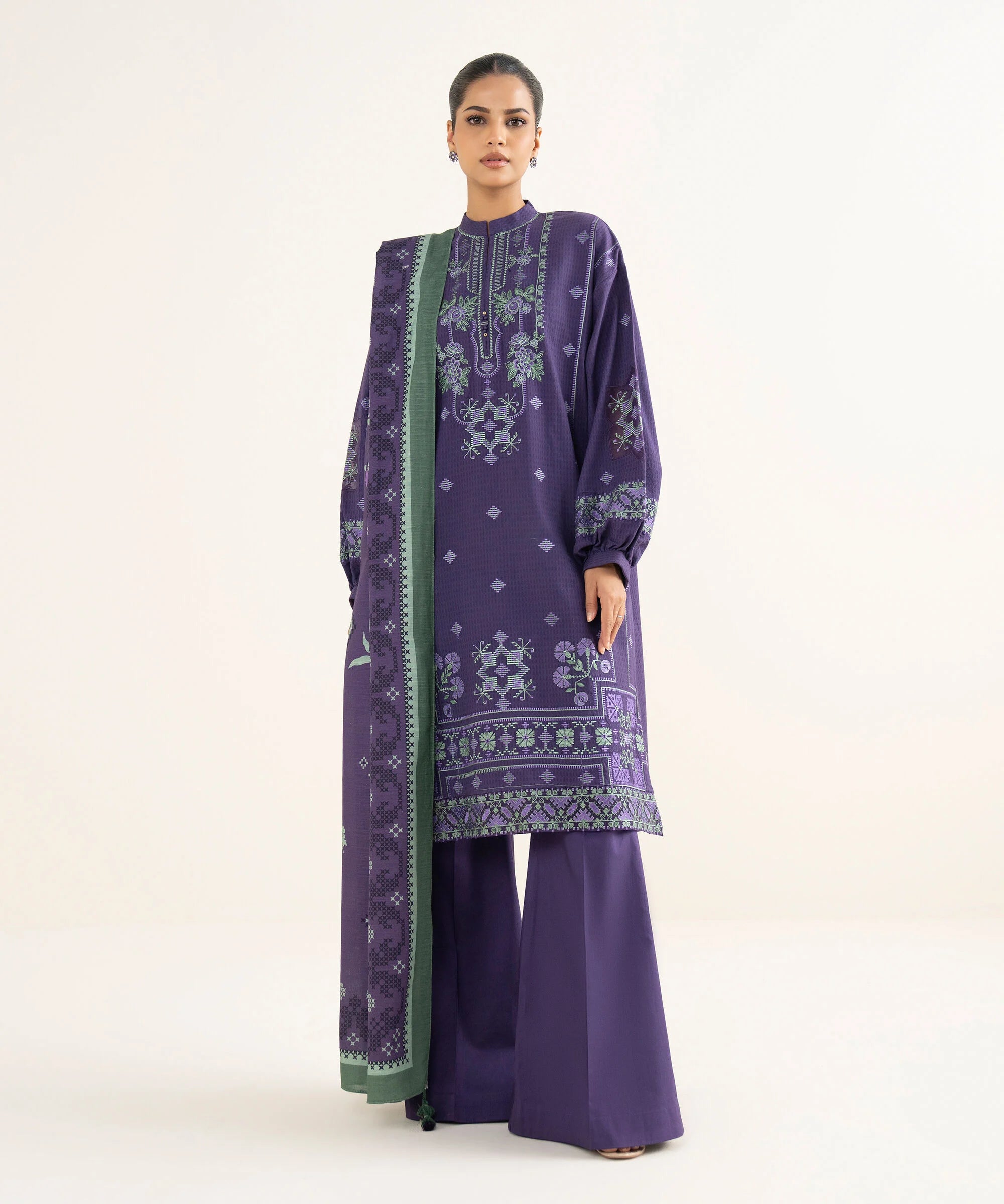 3 Piece - Embroidered Dobby Suit