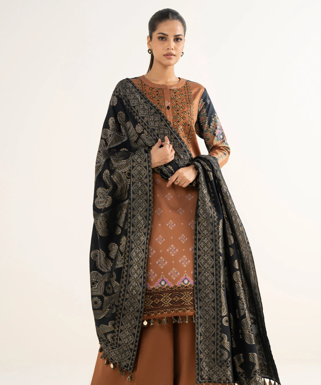 3 Piece - Embroidered Cotton Satin Suit