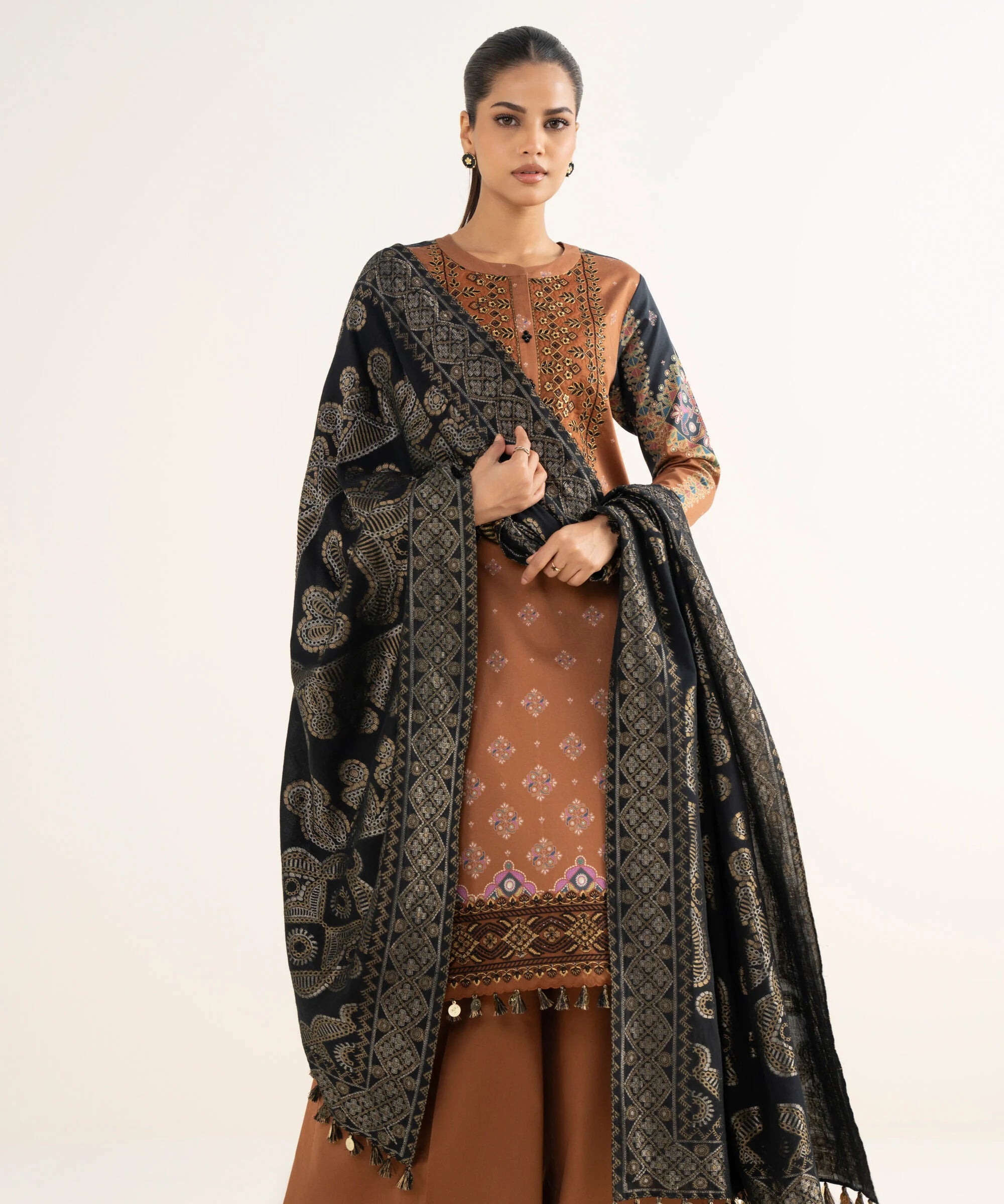 3 Piece - Embroidered Cotton Satin Suit