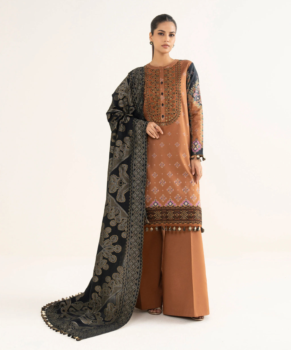 3 Piece - Embroidered Cotton Satin Suit