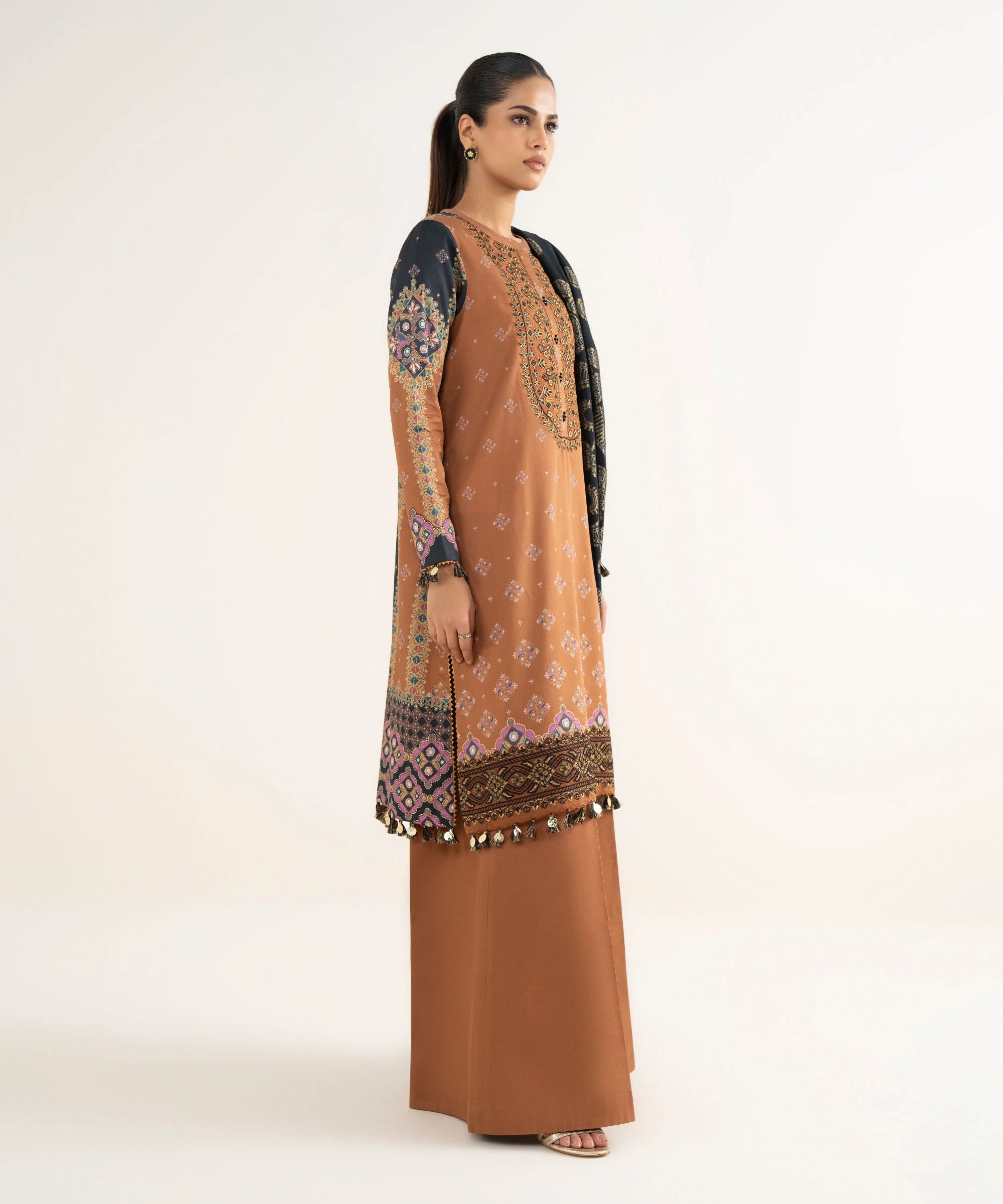 3 Piece - Embroidered Cotton Satin Suit