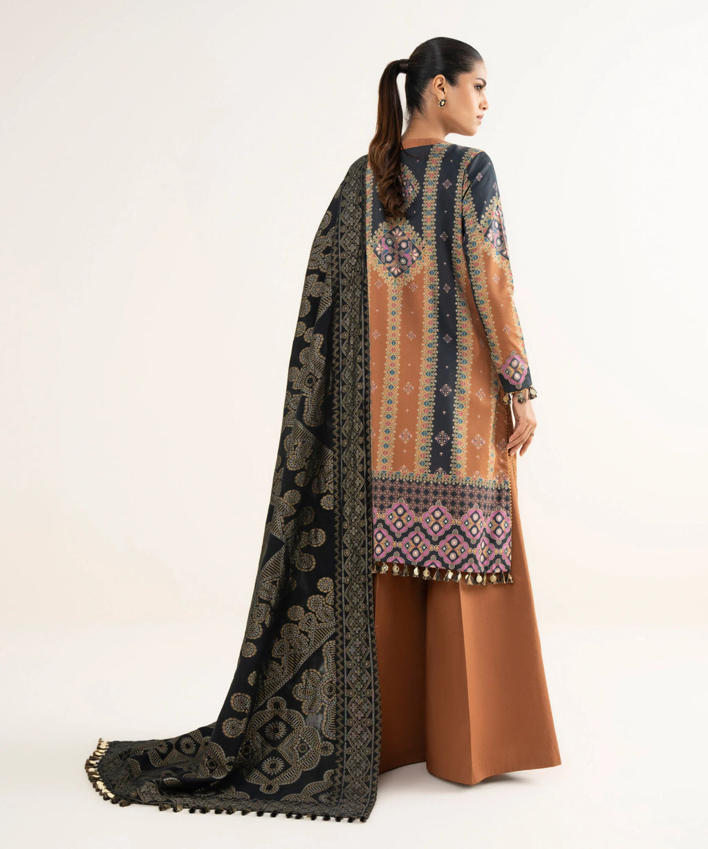 3 Piece - Embroidered Cotton Satin Suit