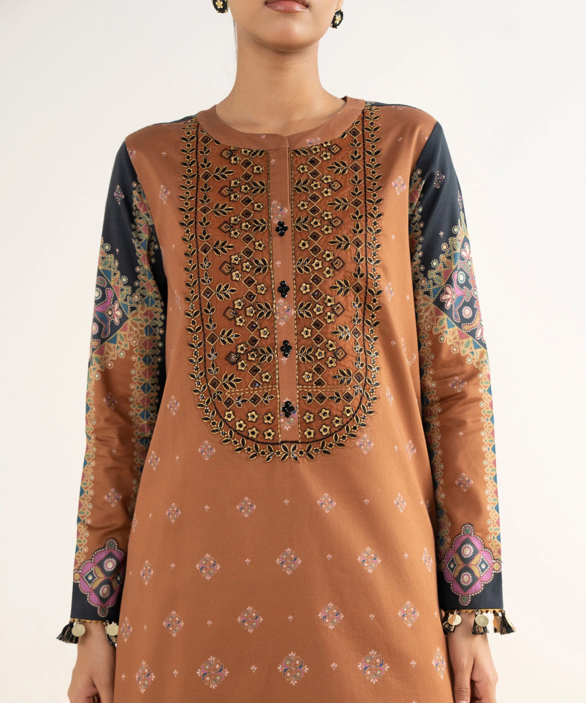 3 Piece - Embroidered Cotton Satin Suit