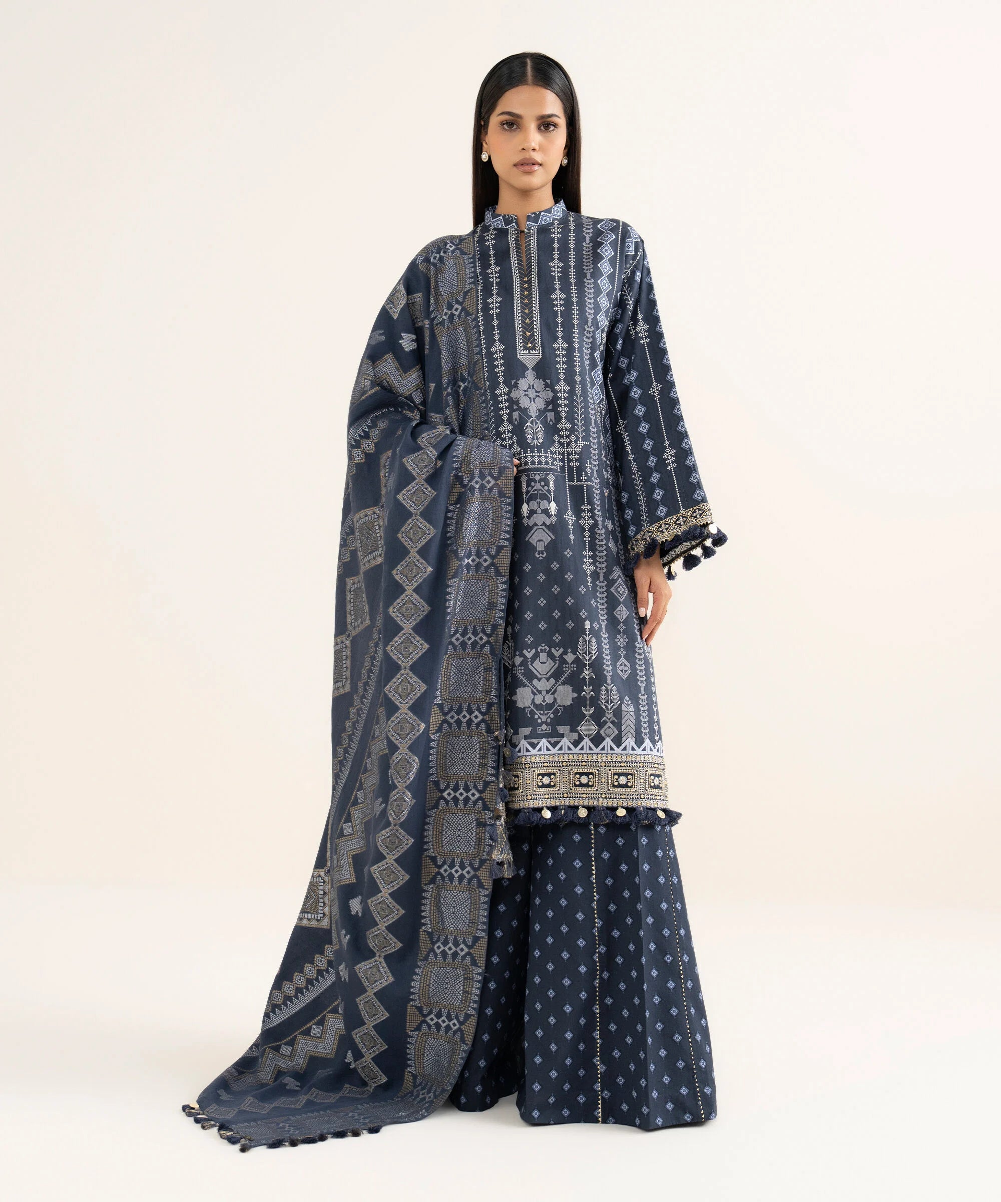 3 Piece - Printed Cotton Satin Suit