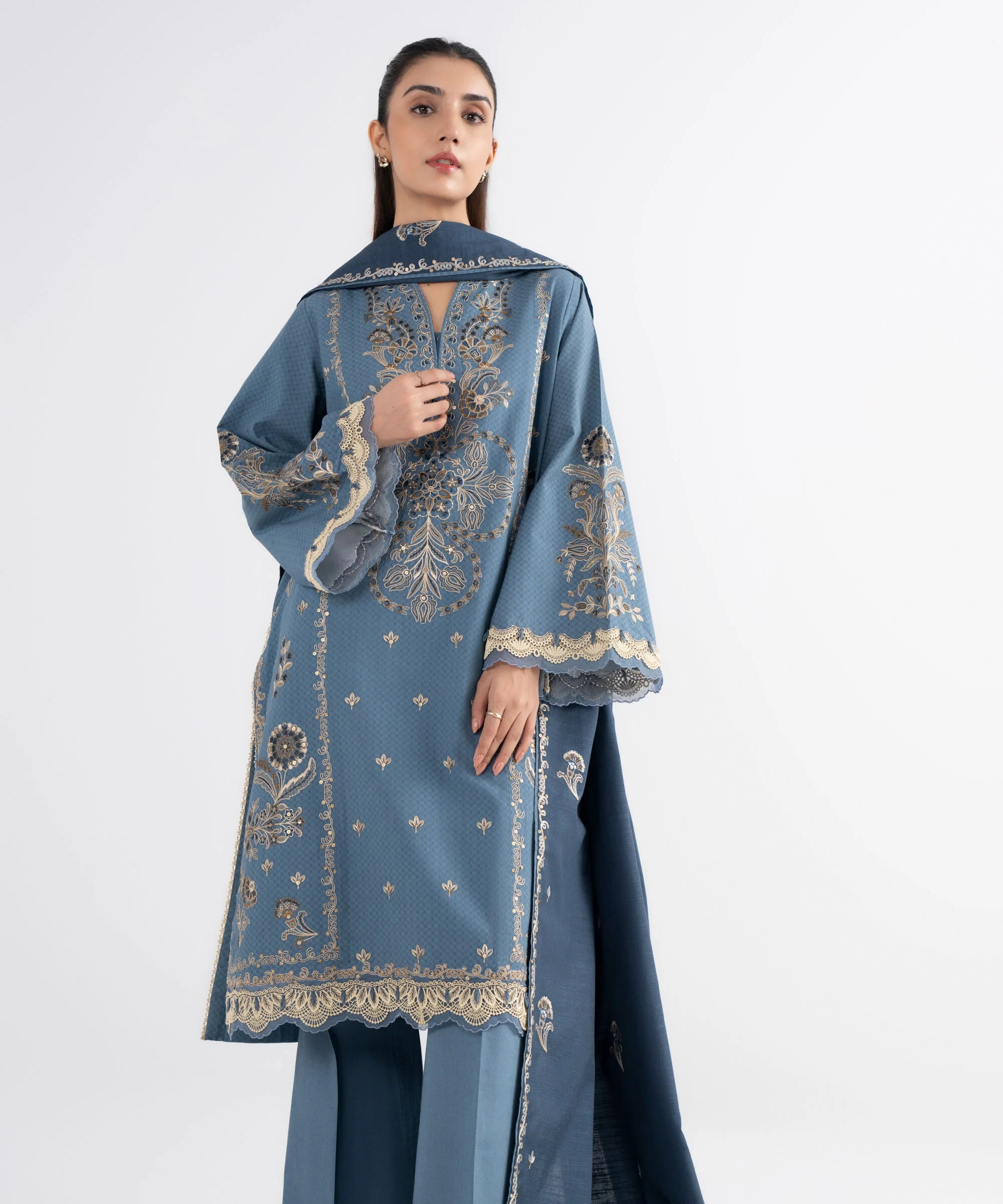 3 Piece - Embroidered Dobby Suit