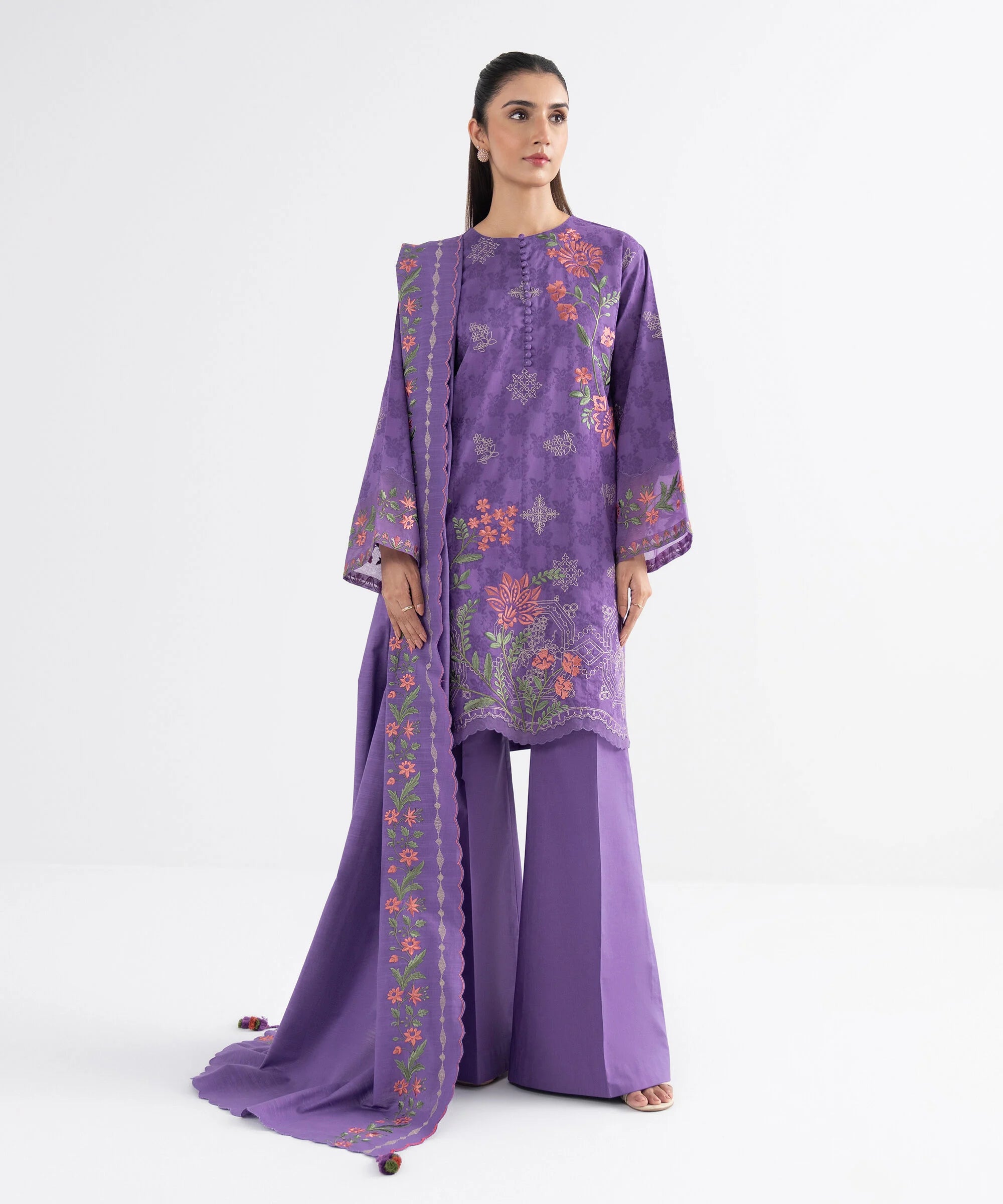3 Piece - Embroidered Cotton Jacquard Suit