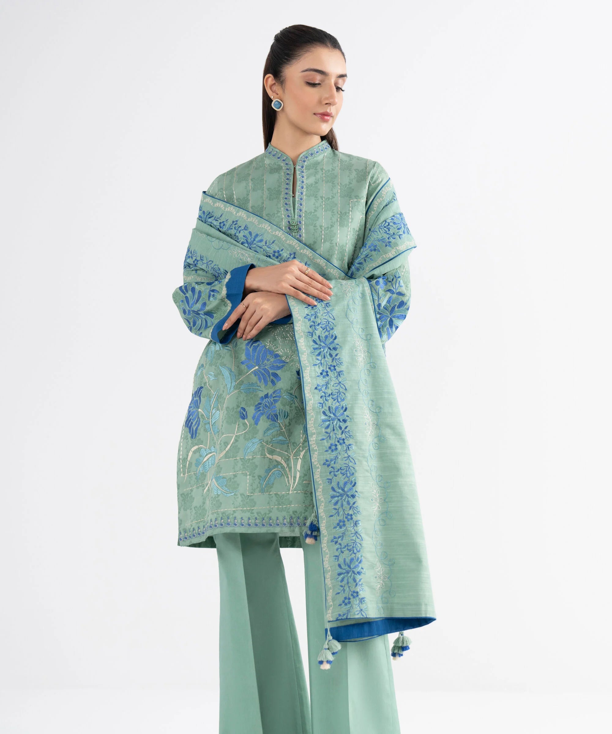 3 Piece - Embroidered Cotton Jacquard Suit
