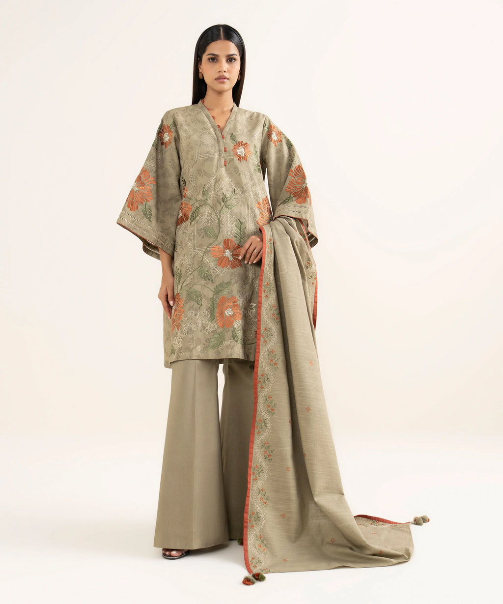 3 Piece - Embroidered Cotton Jacquard Suit