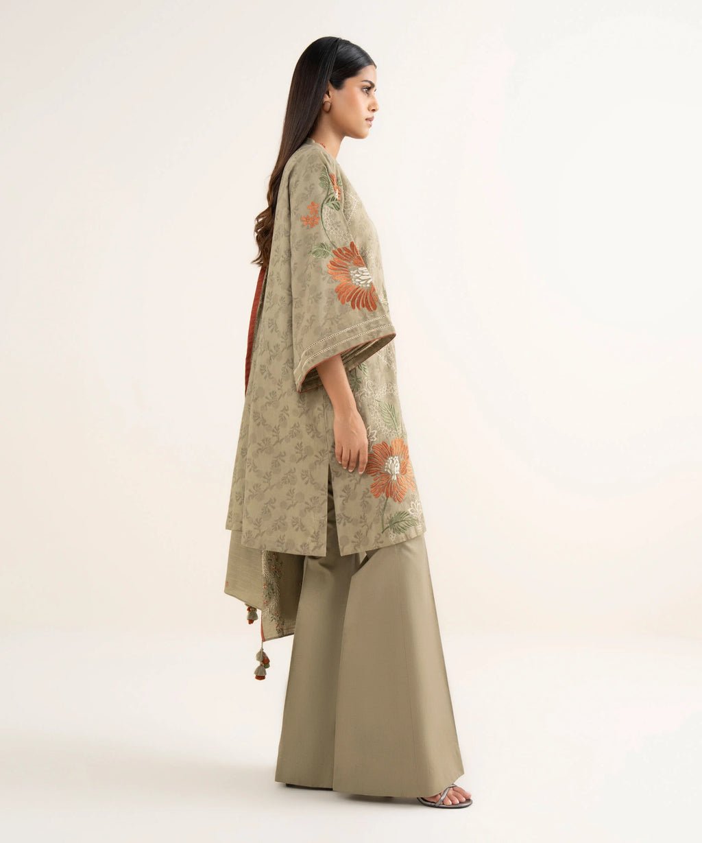 3 Piece - Embroidered Cotton Jacquard Suit