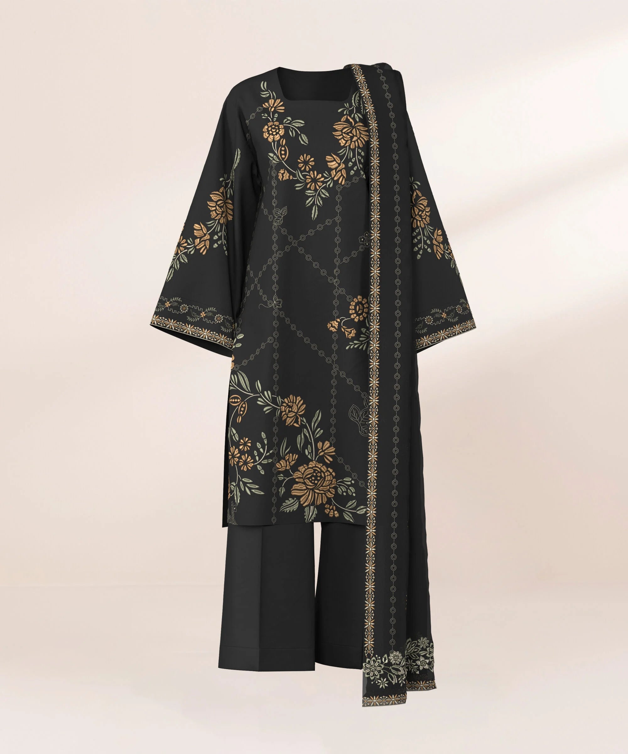 3 Piece - Embroidered Cotton Jacquard Suit