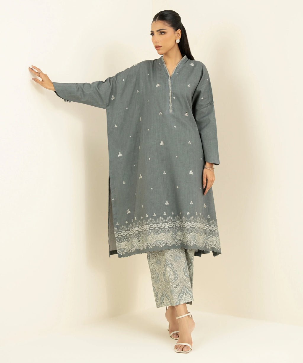 2 Piece - Embroidered Crosshatch Suit