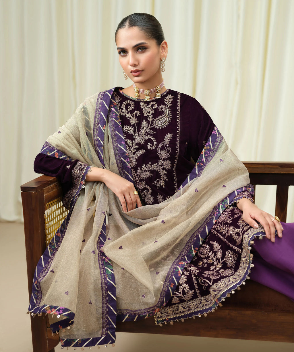 3 Piece - Embroidered Velvet Suit
