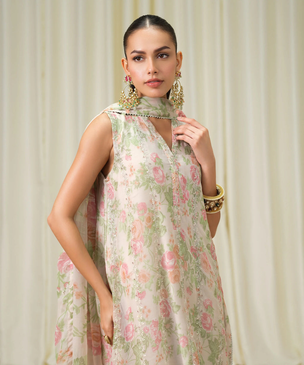 3 Piece - Embroidered Chiffon Suit