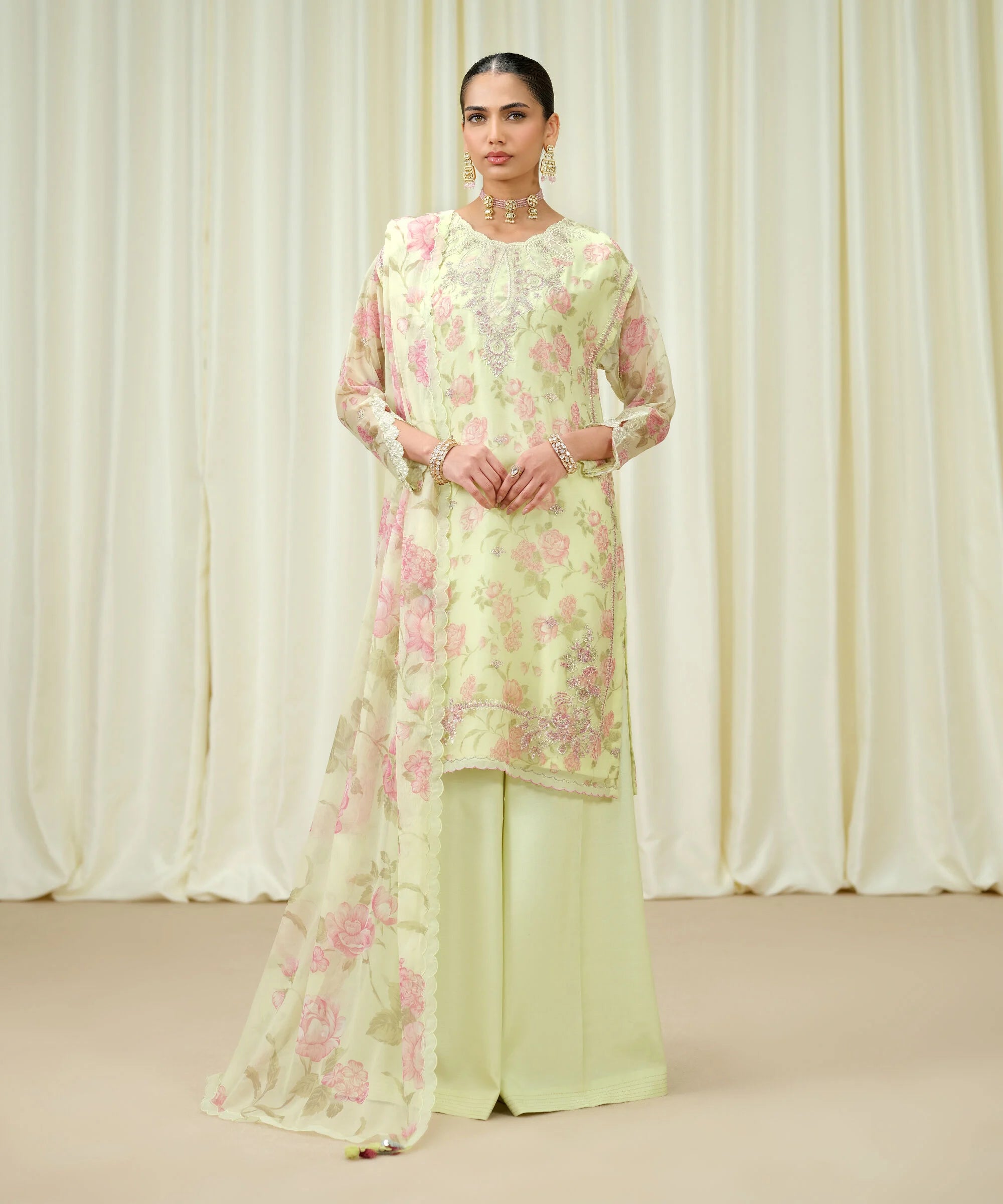 3 Piece - Embroidered Chiffon Suit