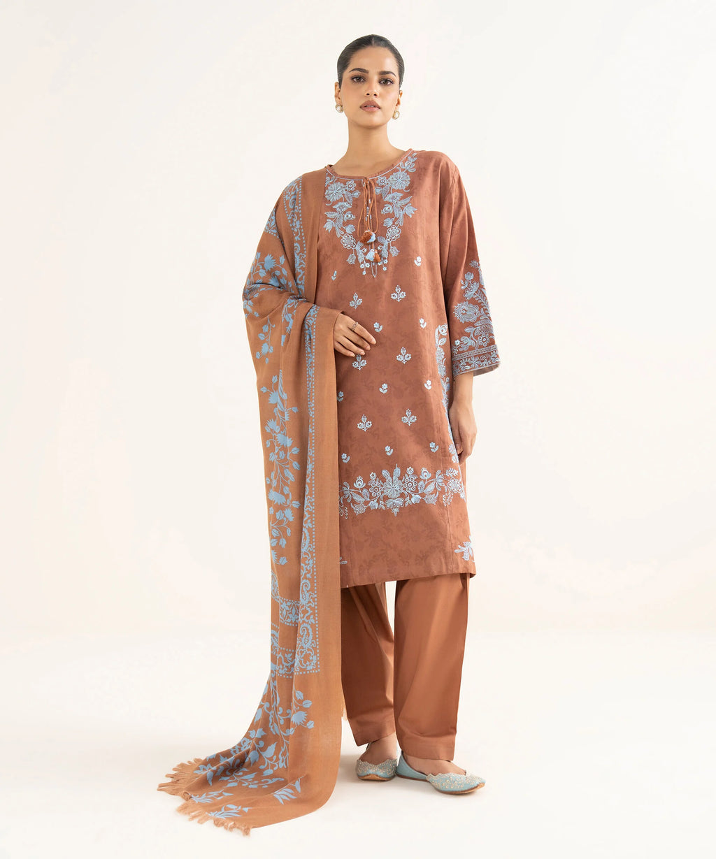 3 Piece - Embroidered Cotton Jacquard Suit