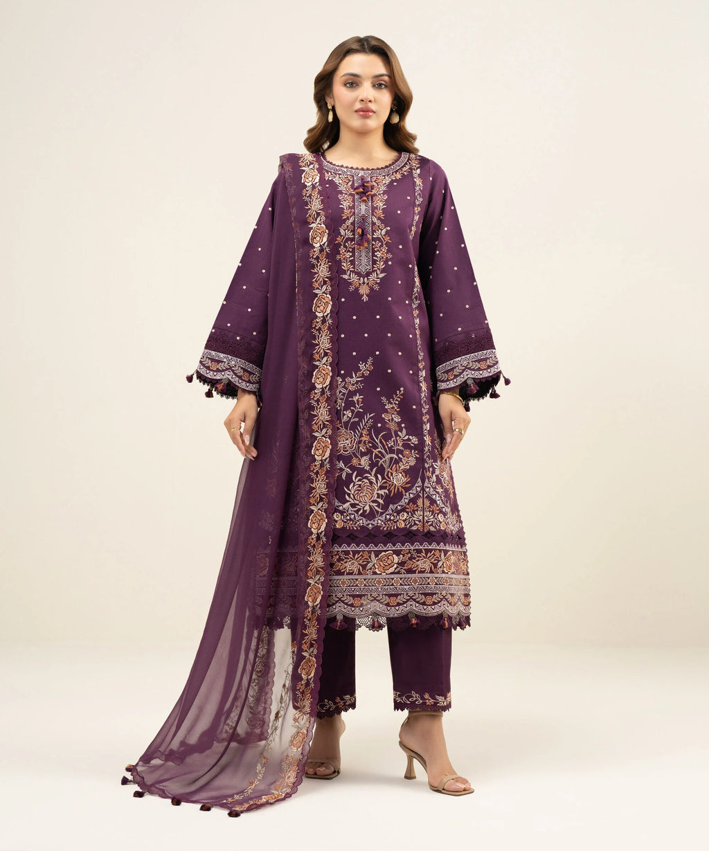3 Piece - Embroidered Cotton Net Suit
