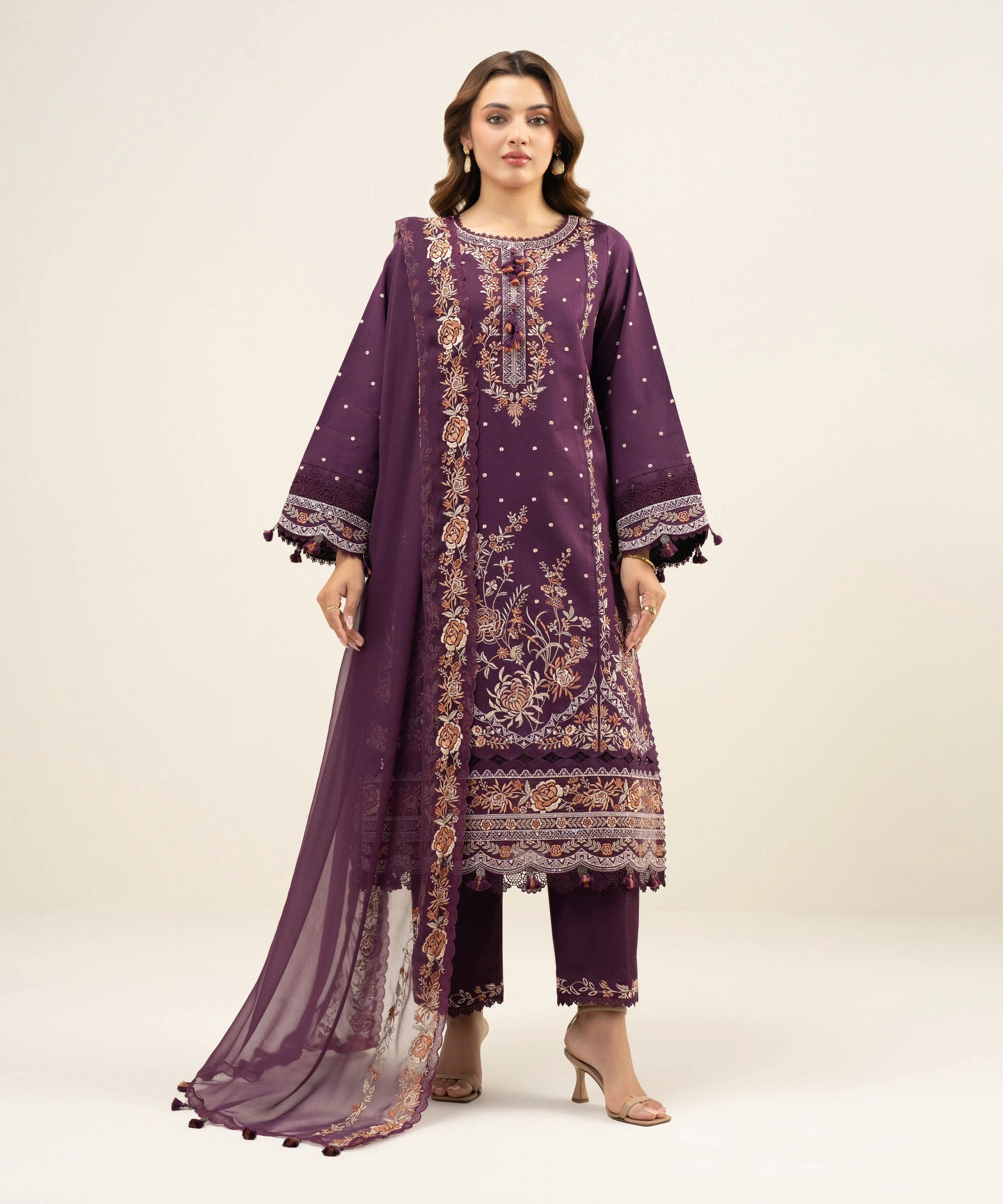 3 Piece - Embroidered Cotton Net Suit