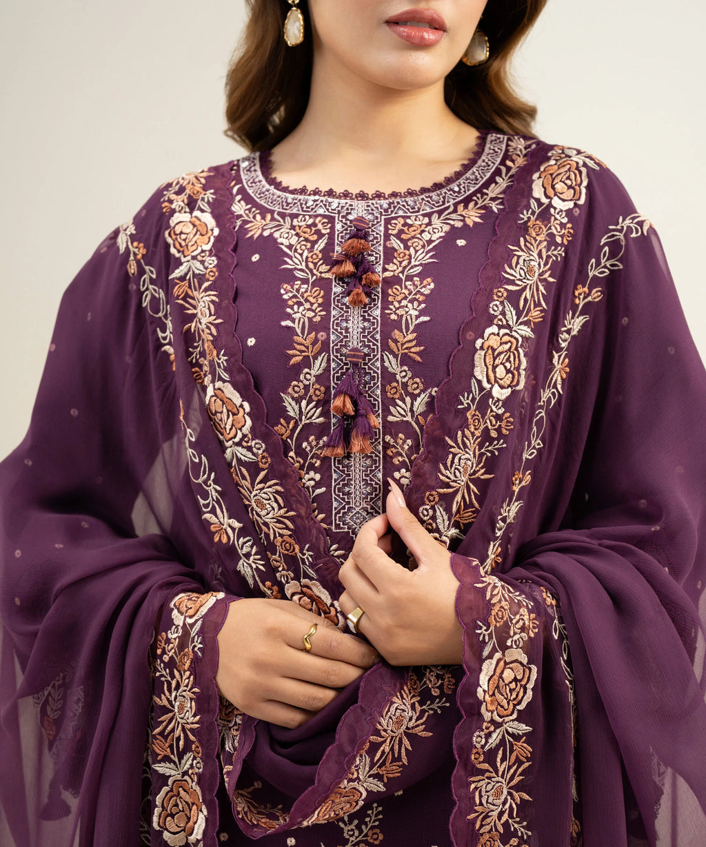 3 Piece - Embroidered Cotton Net Suit
