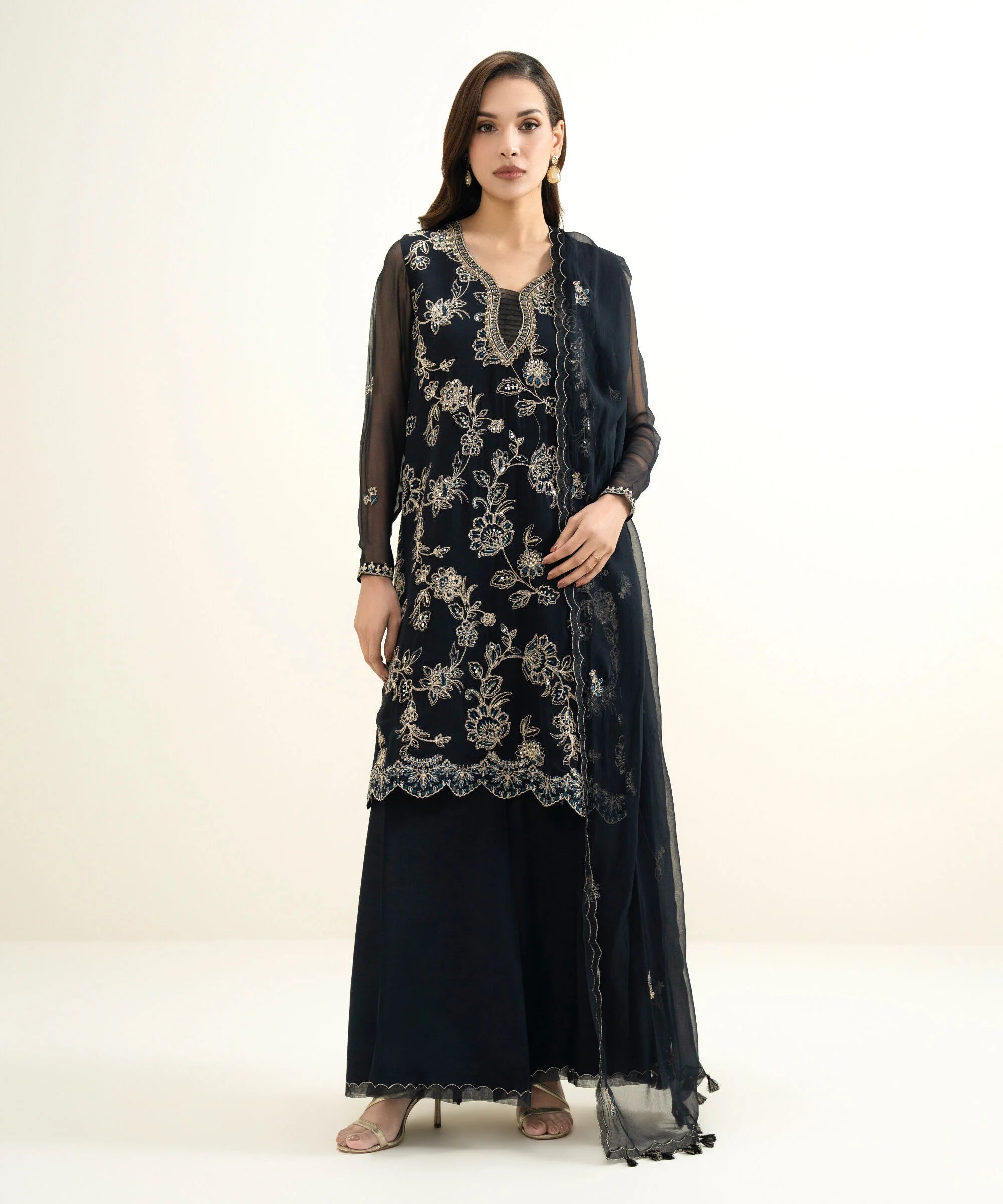 3 Piece - Embroidered Chiffon Suit