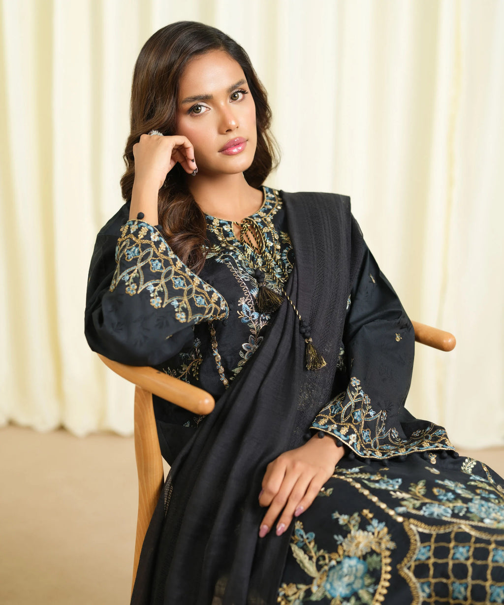 3 Piece - Embroidered Cotton Jacquard Suit