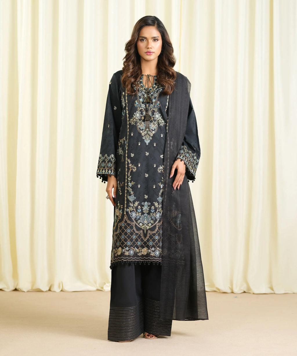 3 Piece - Embroidered Cotton Jacquard Suit