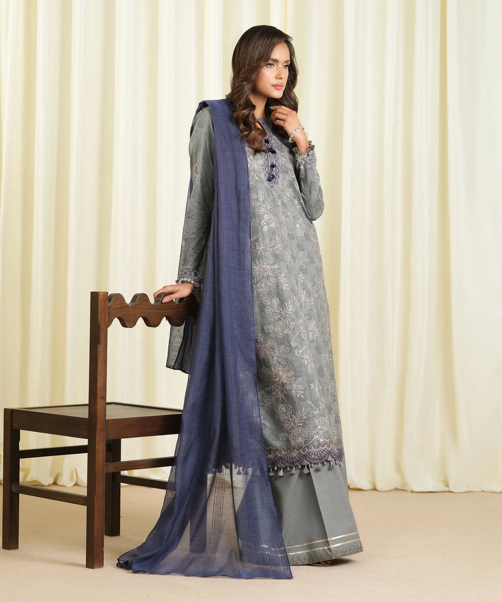 3 Piece - Embroidered Cotton Jacquard Suit