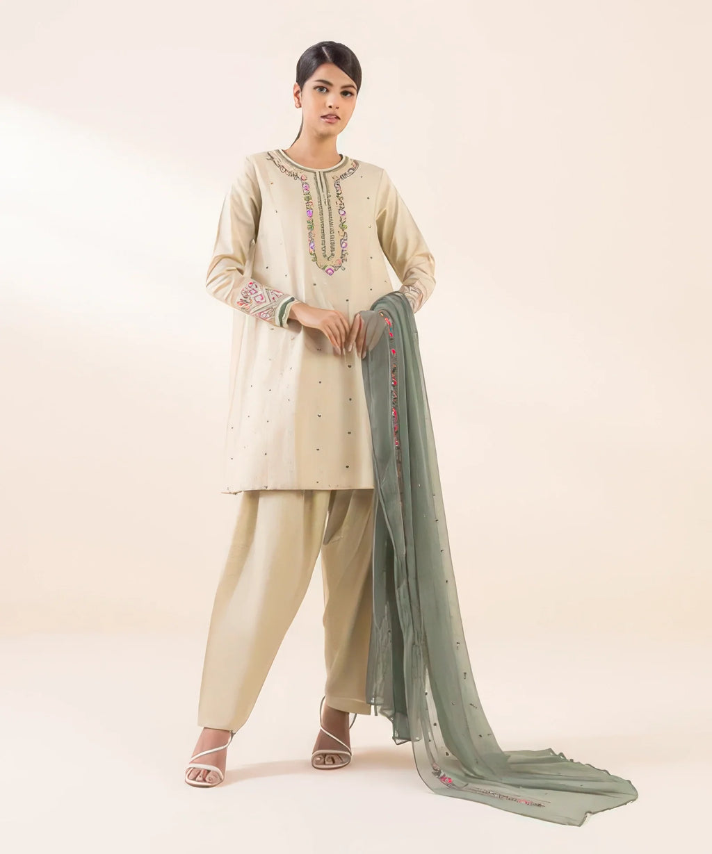 3 Piece - Embroidered Light Khaddar Suit
