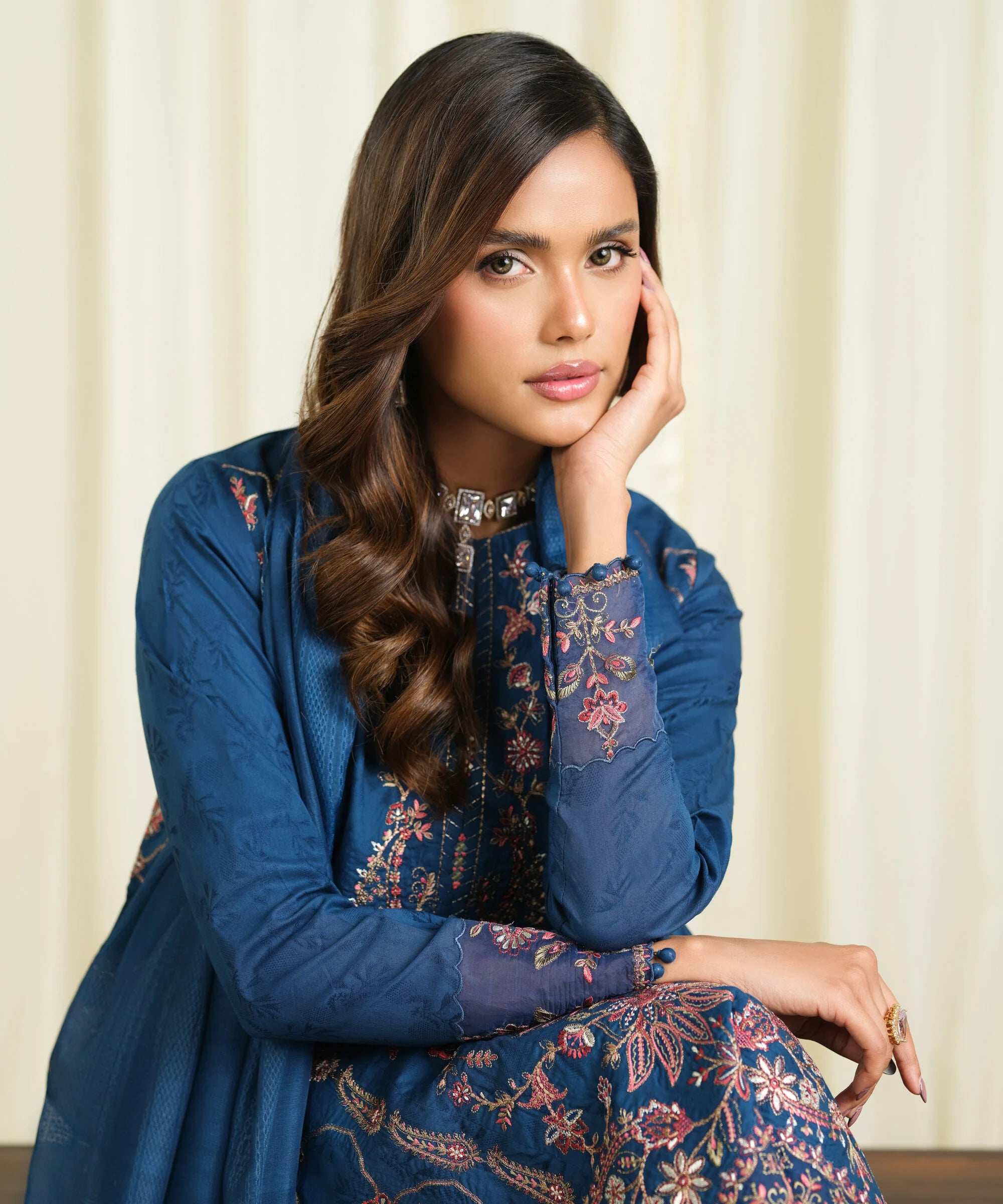 3 Piece - Embroidered Cotton Jacquard Suit