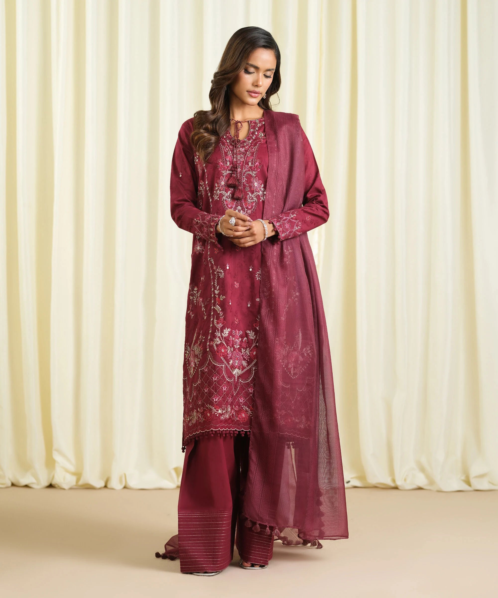 3 Piece - Embroidered Cotton Jacquard Suit
