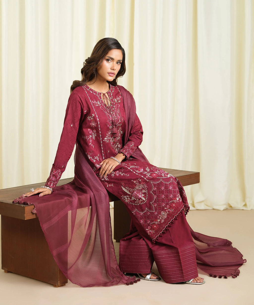 3 Piece - Embroidered Cotton Jacquard Suit