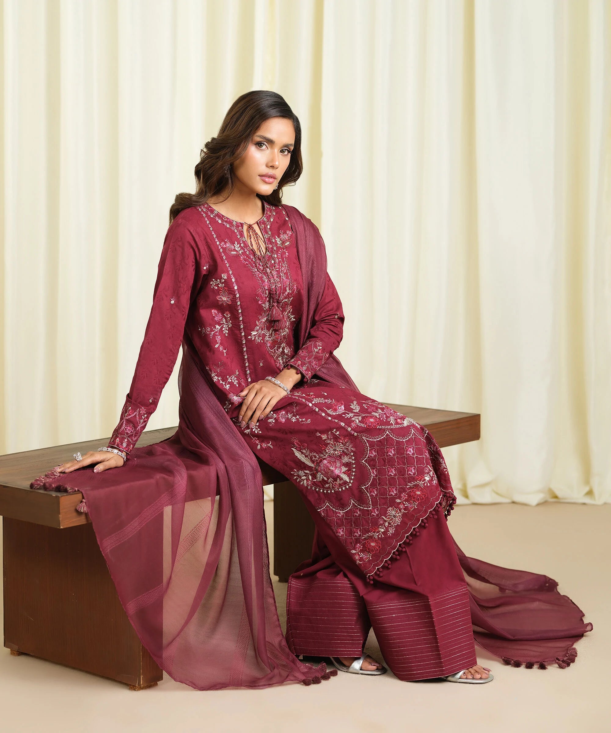 3 Piece - Embroidered Cotton Jacquard Suit