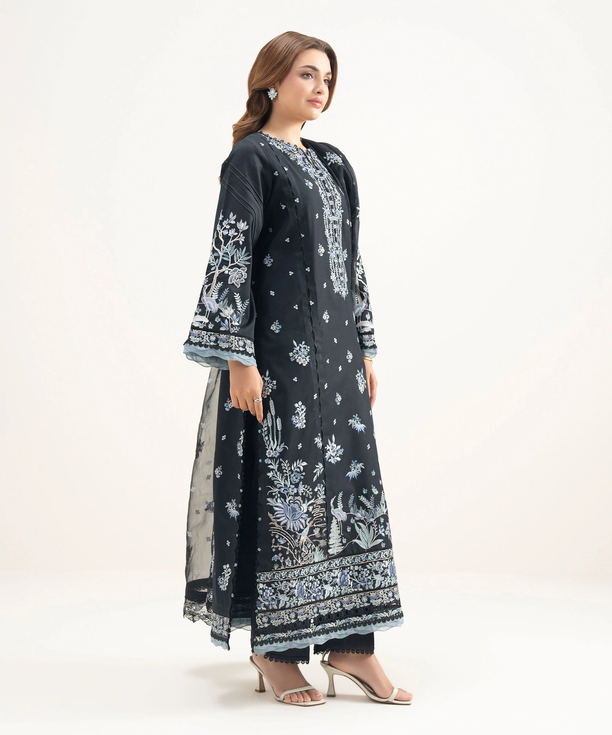 3 Piece - Embroidered Cotton Satin Suit