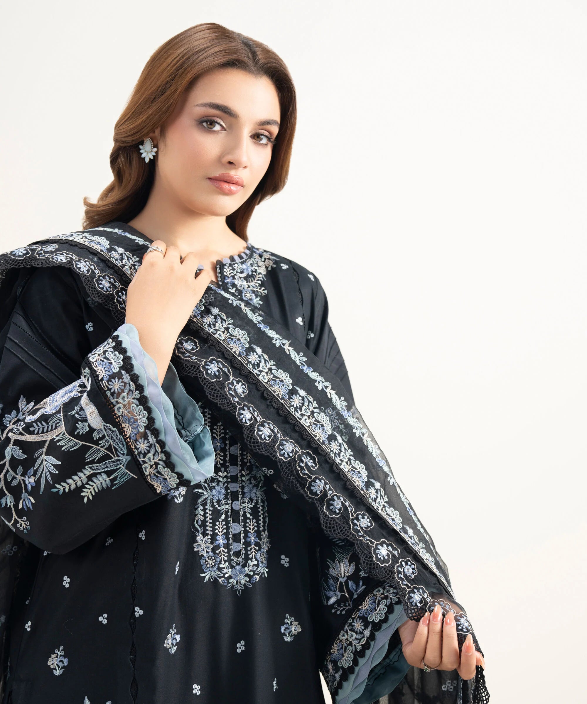 3 Piece - Embroidered Cotton Satin Suit