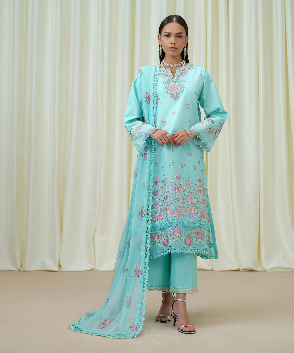 3 Piece - Embroidered Cotton Net Suit