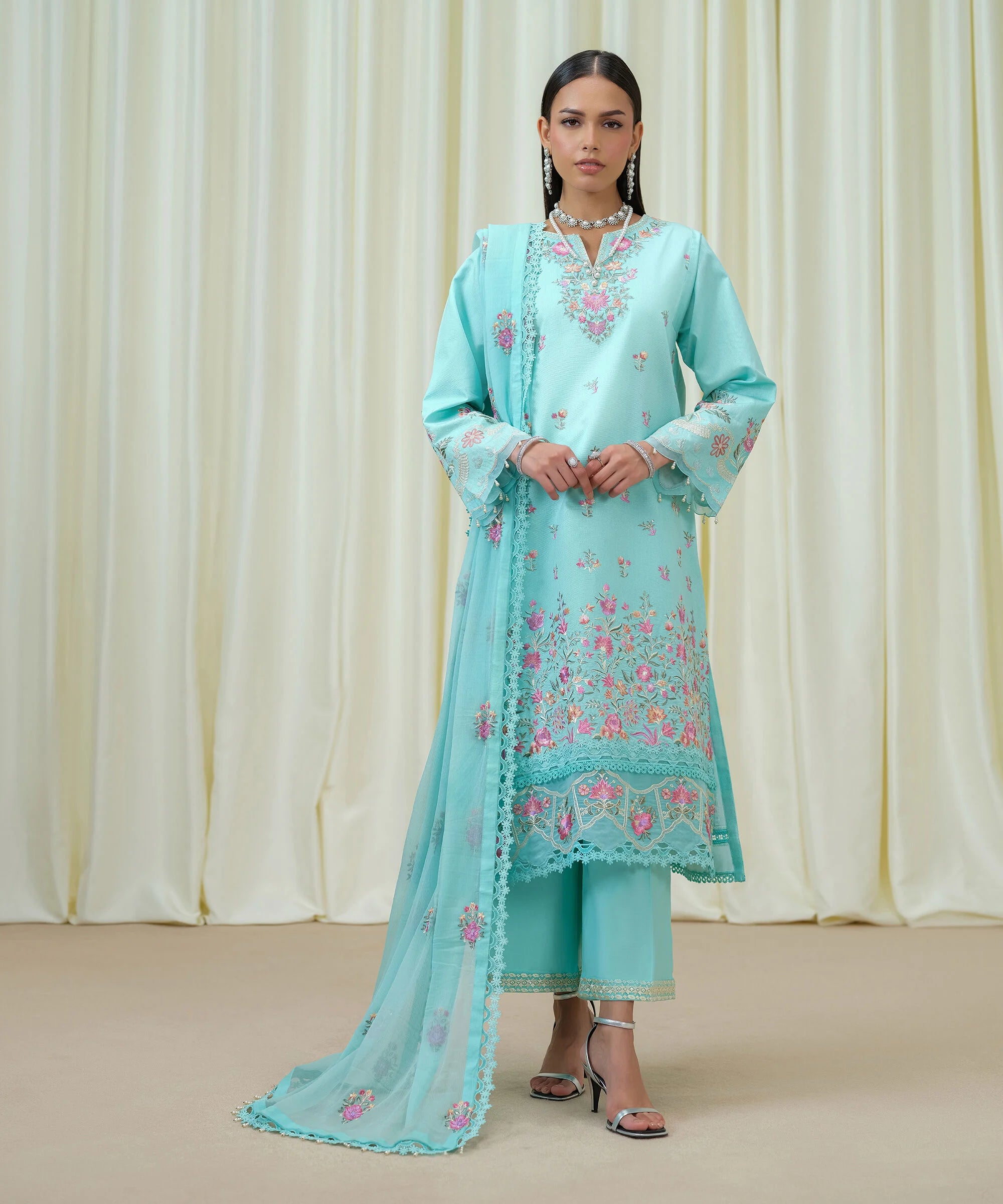 3 Piece - Embroidered Cotton Net Suit