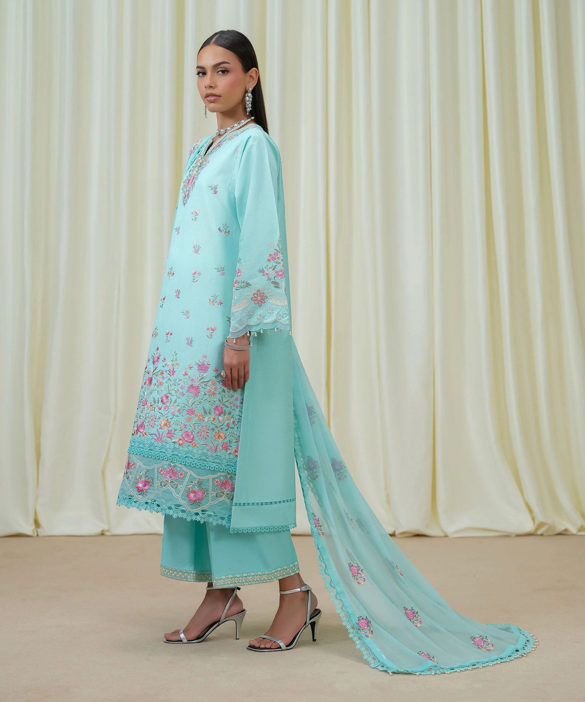 3 Piece - Embroidered Cotton Net Suit