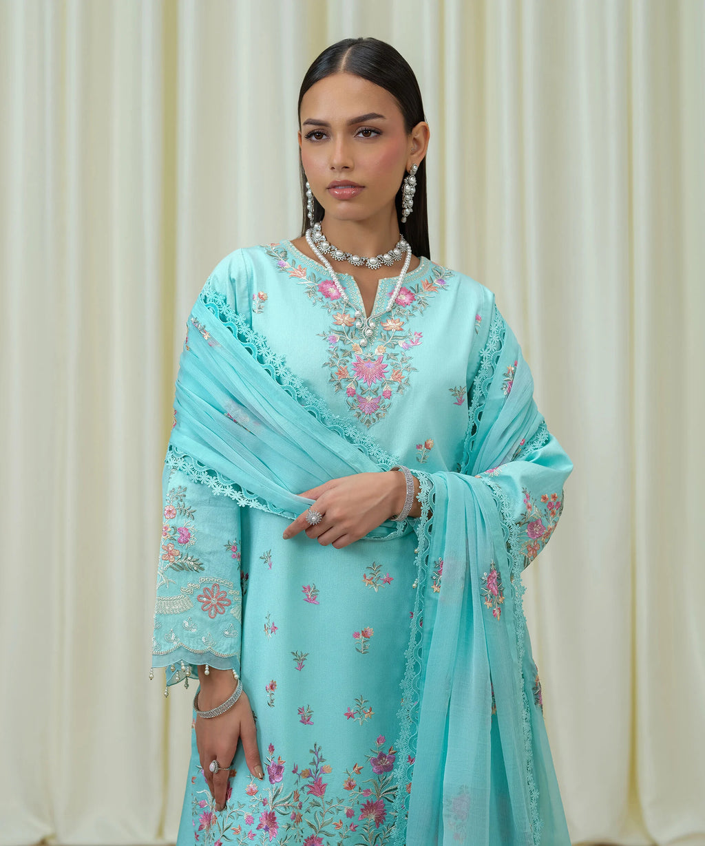 3 Piece - Embroidered Cotton Net Suit