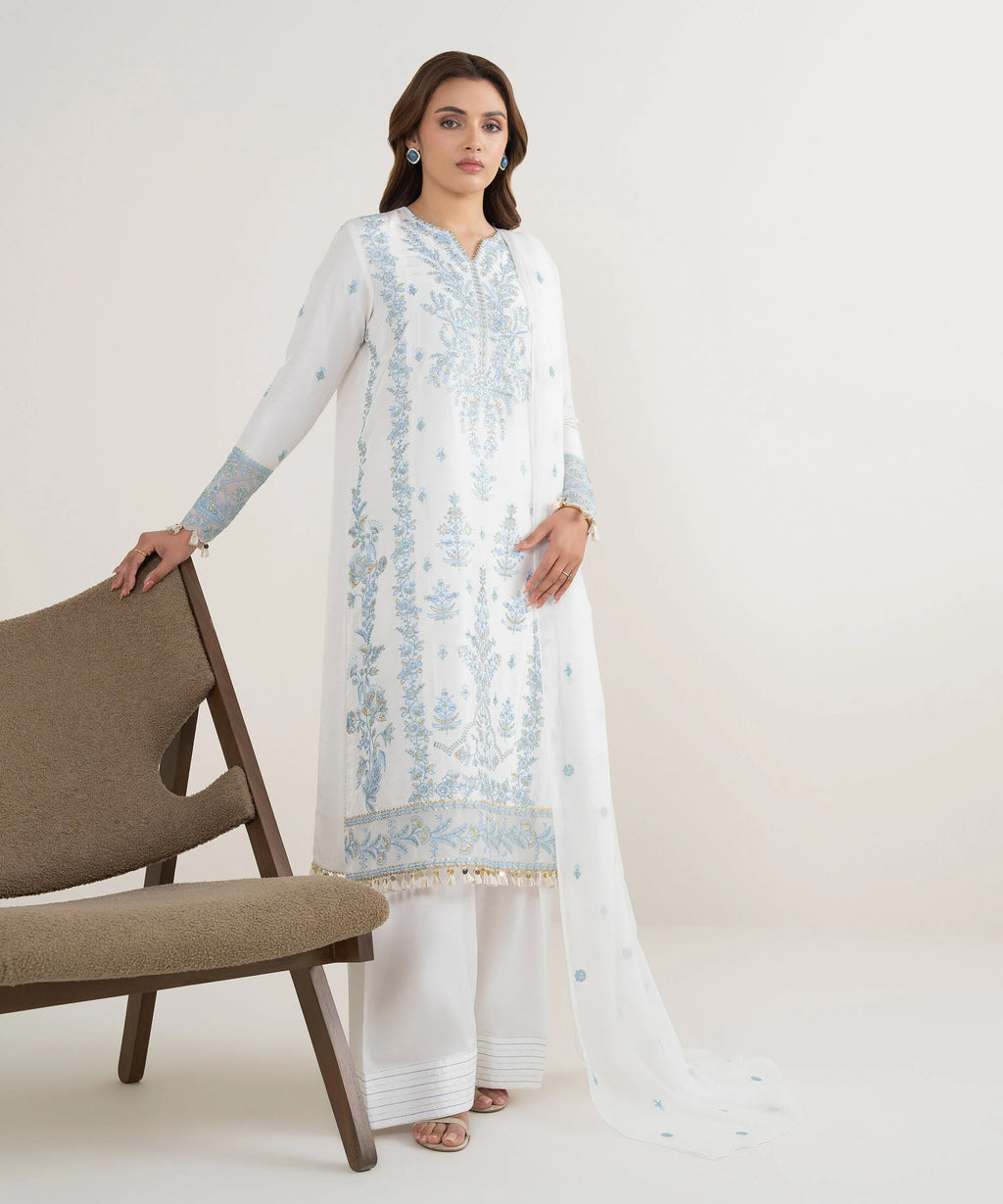 3 Piece - Embroidered Raw Silk Suit