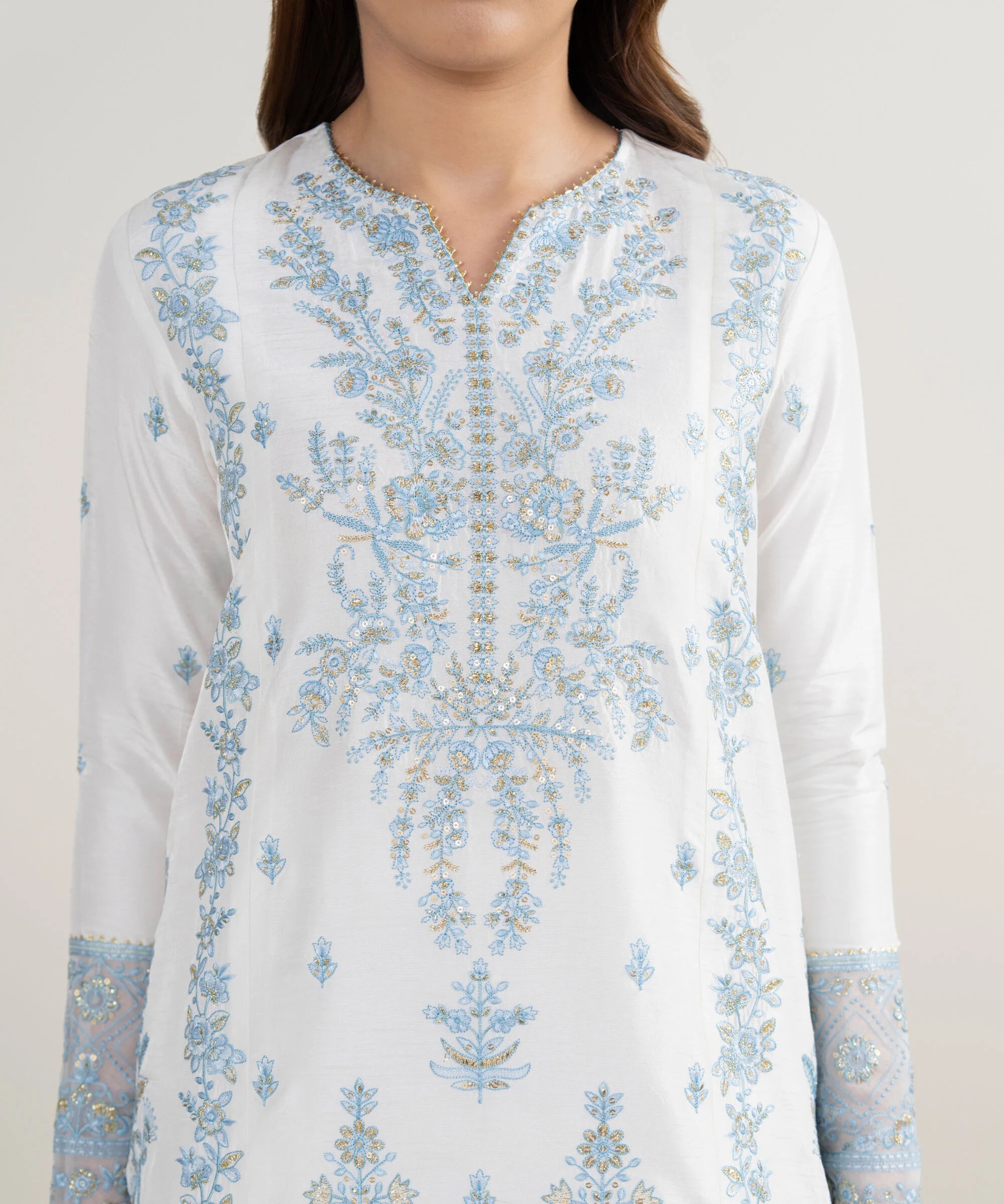 3 Piece - Embroidered Raw Silk Suit