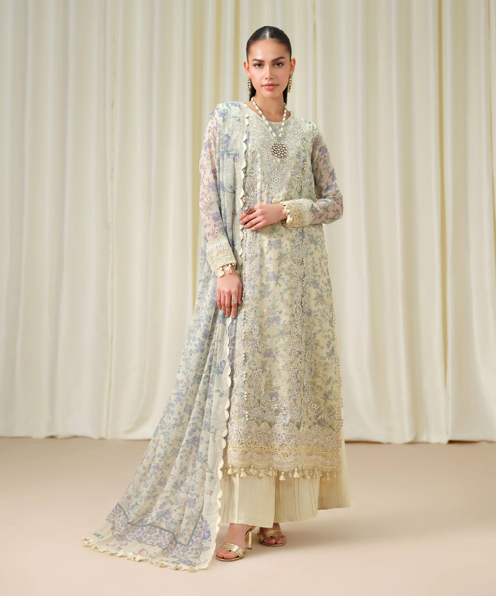 3 Piece - Embroidered Chiffon Suit