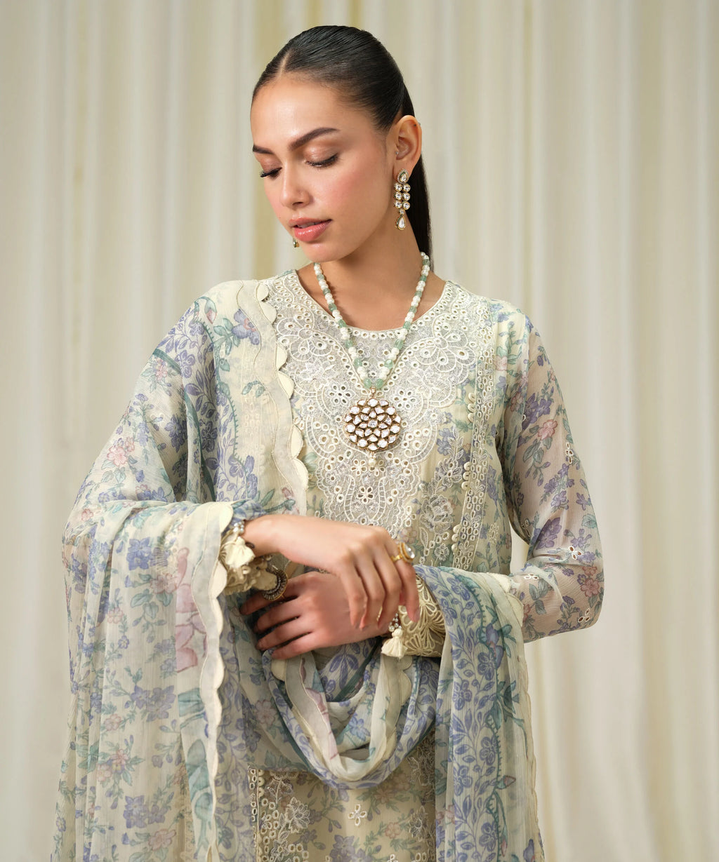 3 Piece - Embroidered Chiffon Suit